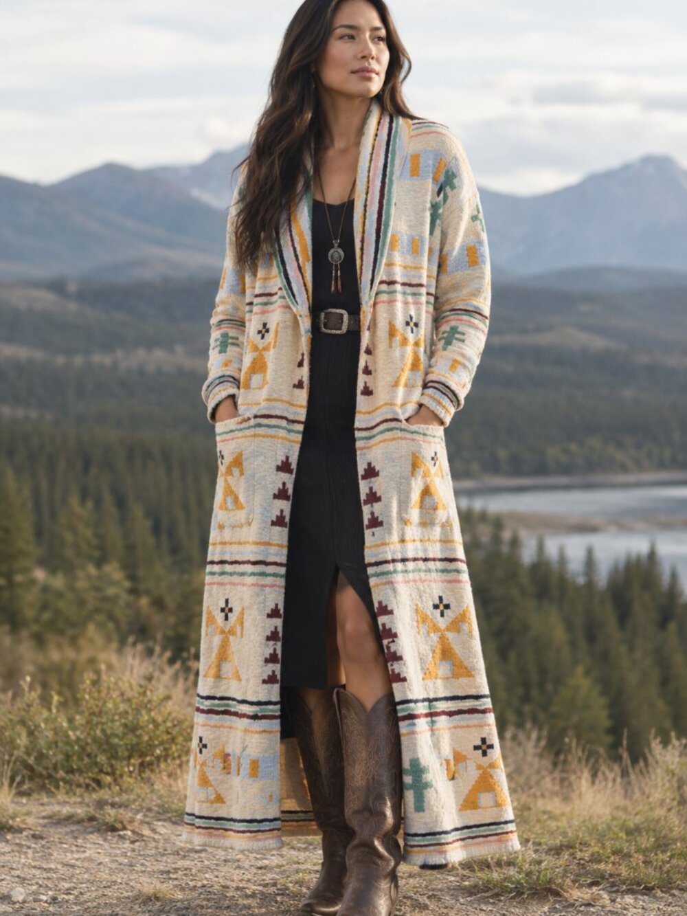Faherty x B. Yellowtail Paloma Tipi Jacquard Duster Cardigan Bohemian Western S